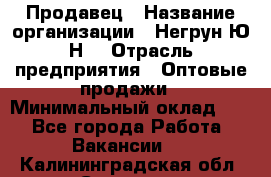 Продавец › Название организации ­ Негрун Ю.Н. › Отрасль предприятия ­ Оптовые продажи › Минимальный оклад ­ 1 - Все города Работа » Вакансии   . Калининградская обл.,Советск г.